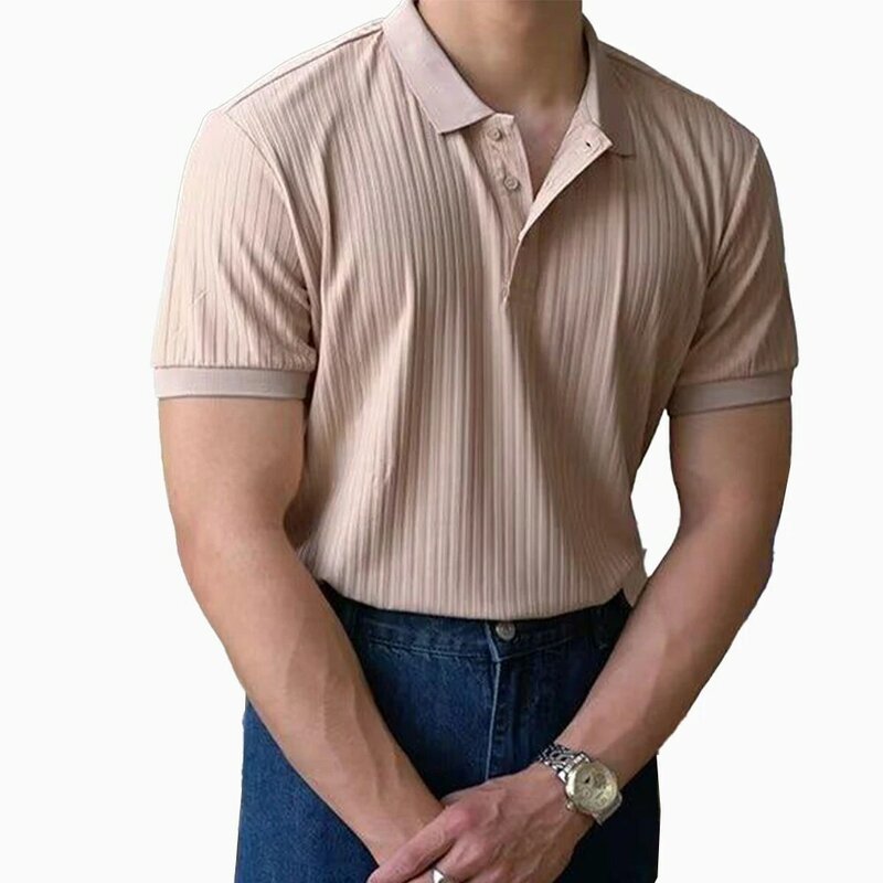 Bluzka z mięśniami t-shirt randkowy z guzikami L-3XL klapa poliestrowa prążkowana z krótkim rękawem 1 szt męska Brand New