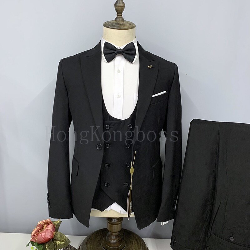 (Пальто + жилет + брюки) Улучшенный мужской костюм, однотонный мужской костюм, деловой костюм, Свадебный мужской костюм, деловой костюм