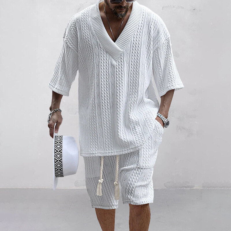 Conjunto de t-shirt e shorts jacquard de manga curta masculino com decote em v, roupas soltas, streetwear casual, verão, 2024