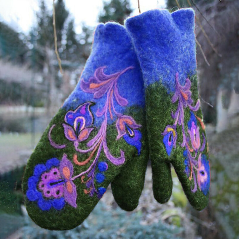 Guantes de lana de Cachemira para mujer, manoplas gruesas y cálidas con bordado de flores clásicas, Invierno