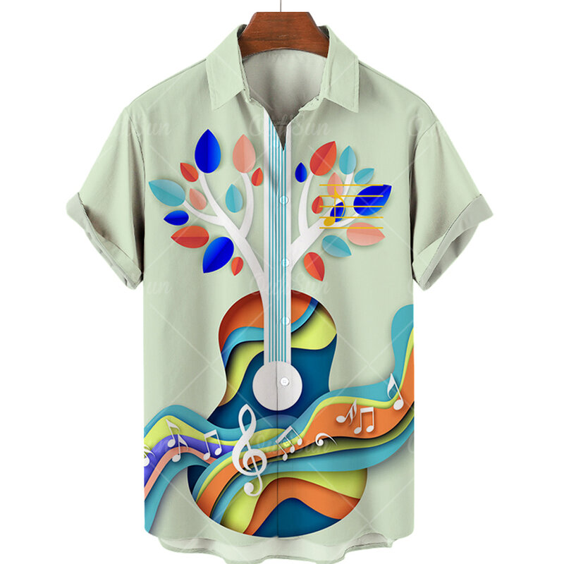 Camisa havaiana de gola grande masculina, blusas de rock and roll, tops estampados de guitarra musical, moda casual, verão