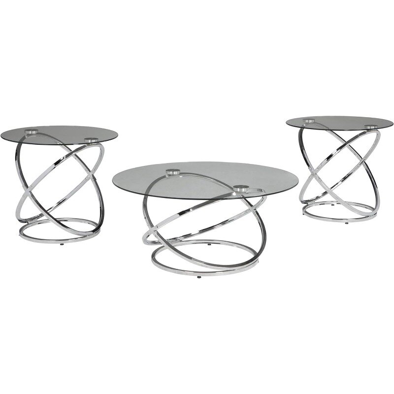 Hollynyx 현대식 라운드 테이블 세트, 커피 테이블 및 엔드 테이블 2 개, 크롬 포함, 3 종
