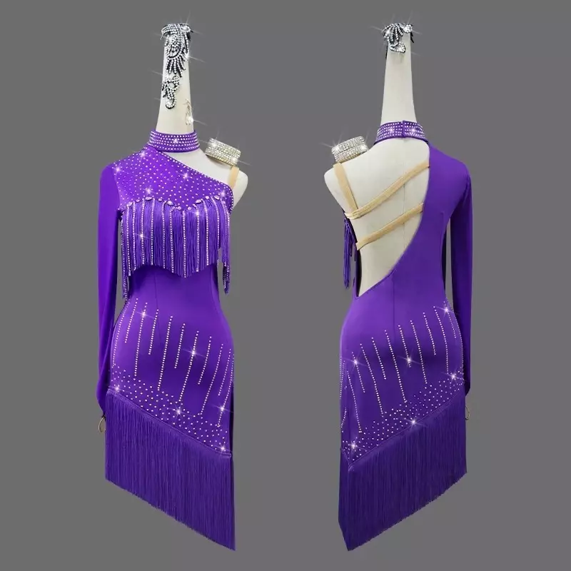 女性のための紫色のラタンダンスフリンジドレス、プロの競技衣装、セクシーな女の子のパーティースカート、cha-chaラインスーツ