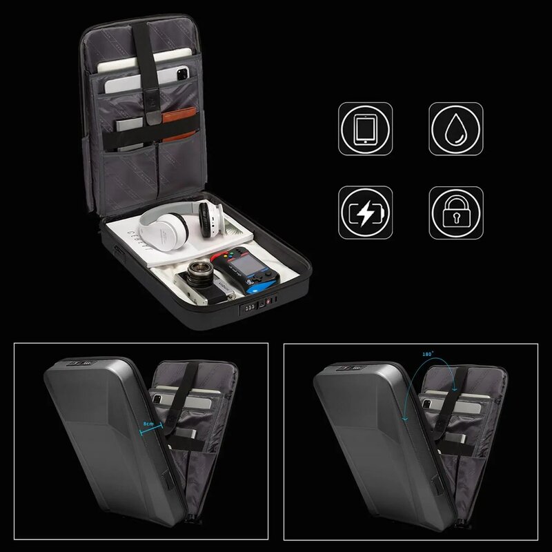 Tas punggung pria 16 ", ransel Laptop cangkang keras kunci TSA, ransel Gaming pengisian daya USB ramping e-sport tahan air anti-maling, tas perjalanan