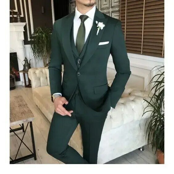 ชุดสูทผู้ชายสีเขียวเข้มชุด3ชิ้นเข้ารูปชุดทักซิโด้มีปกเสื้อสูทสำหรับงานแต่งงานแบบทางการ (เสื้อเบลเซอร์ + เสื้อกั๊ก + กางเกง)