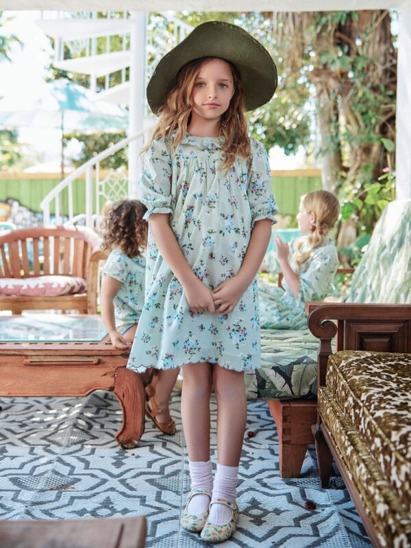 Als 2024 überbackene Garten Blumenmuster Mädchen grün bedruckte Blumen Kleid Jungen Baumwolle gestrickt Polos hirt Urlaub Outfits