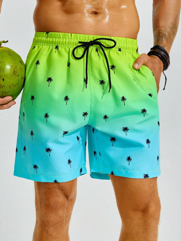 Мужские пляжные короткие плавки, дышащие плавки с кулиской кокосового дерева, с эластичным поясом, градиентный 3D принт, короткая уличная одежда, лето