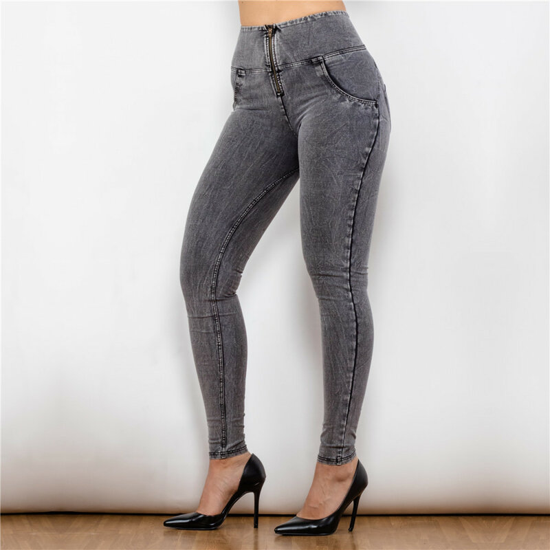 Shascullfites butt lift jeans elegante feminino cintura alta cinza denim stretchable feminino jean verão
