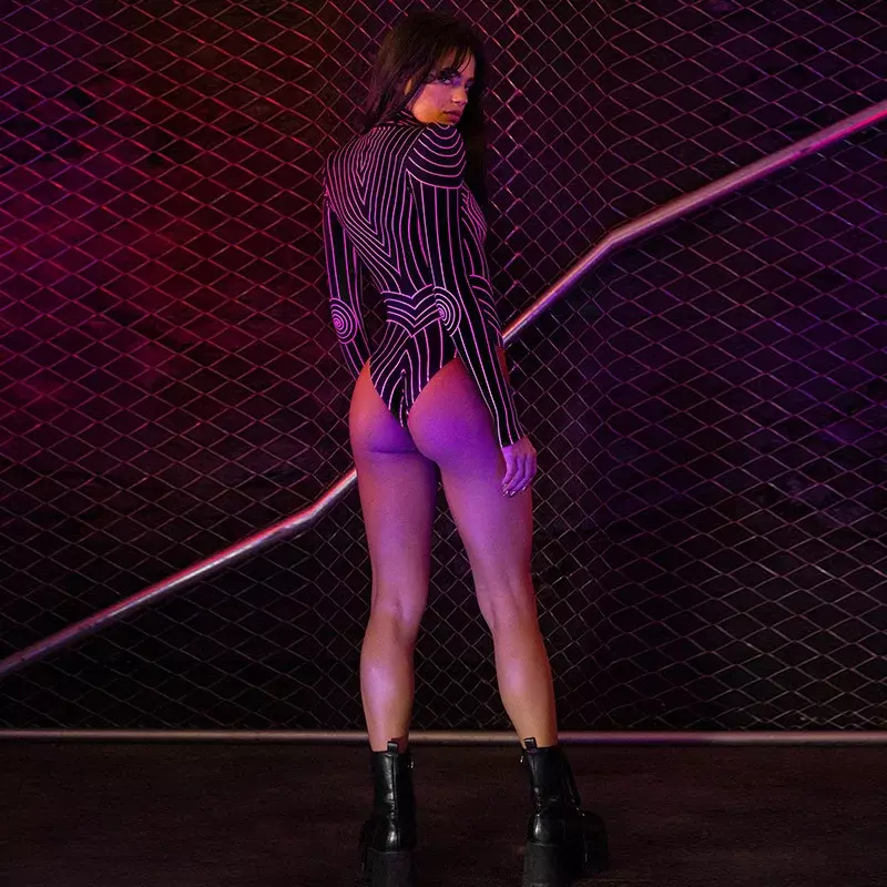 Bodysuit seksi bergaya Premium untuk wanita, Jumpsuit pesta klub malam kerah tinggi lengan panjang motif Slim Fit Neon modis