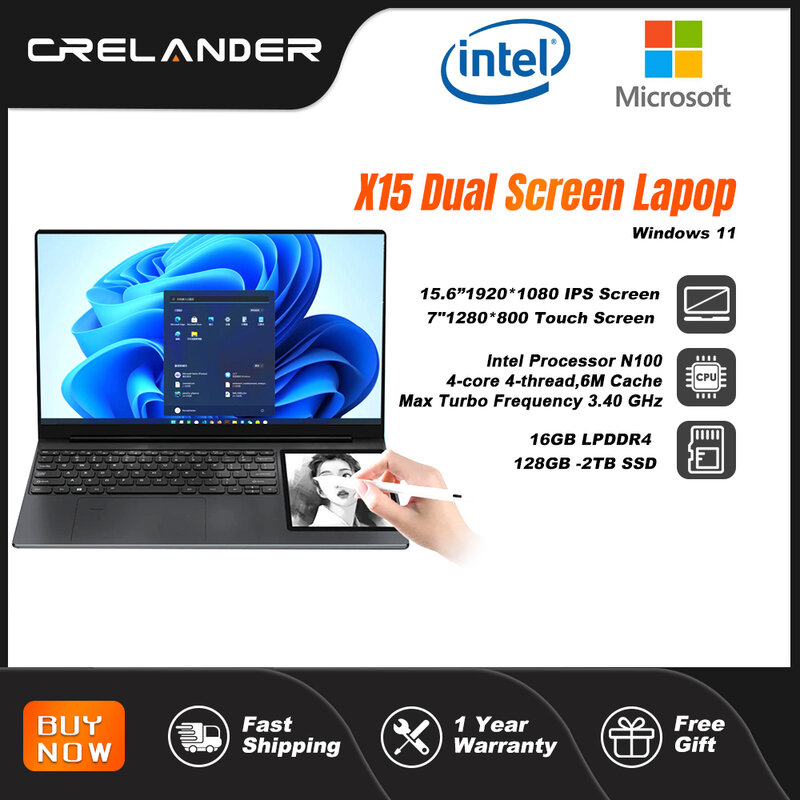 Crelander 15.6 "+ 7" double écran ordinateur portable Intel N100 16gb ddr4 RGB rétro - éclairé clavier ordinateur portable console de jeu écran tactile