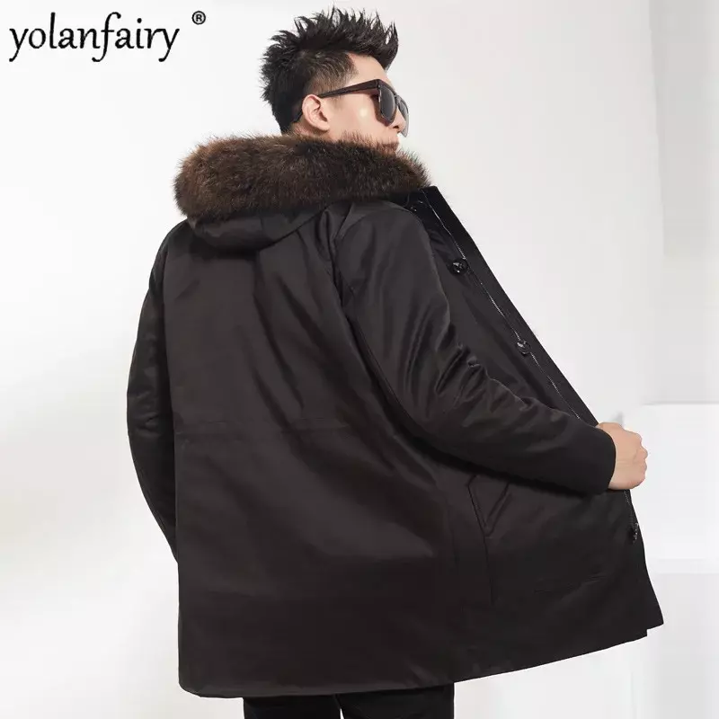 Comprimento médio Natural Mink Fur Coat para homens, jaqueta Parka, casaco com capuz, gola de pele de guaxinim real, inverno, novo, FCY4935, 2023