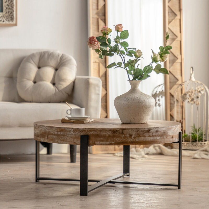 Table basse circulaire moderne avec dessus de table en bois de sapin, base de pieds croisés pour salon, bureau à domicile, 33.86 ", 31.29"