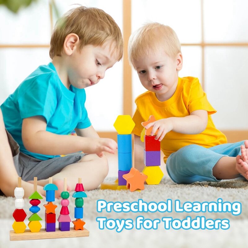 Juego de bloques y cuentas de madera, juguetes educativos de primera calidad para niños pequeños de 1 a 4 años, duraderos y fáciles de usar