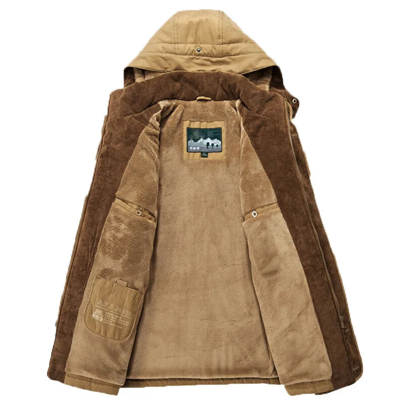 Men's Winter Jacket Parka Plus Velvet Thick Multi Pocket Jackets Solid Parkas Male Size Windproof Fleece Warm Coats