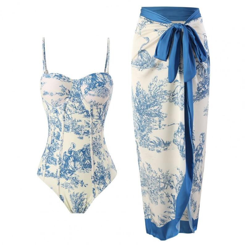 Female Swimwear Stylish Women's One-piece Swimsuit Set with Lace-up Skirt Floral Cover-up Tummy Control Beachwear for Hot Spring