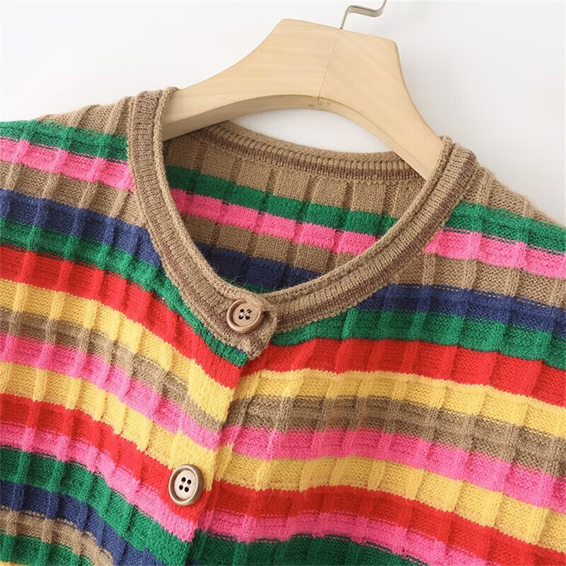 Gilet maglione cardigan con gilet lavorato a maglia a righe arcobaleno nuovo stile vacanza