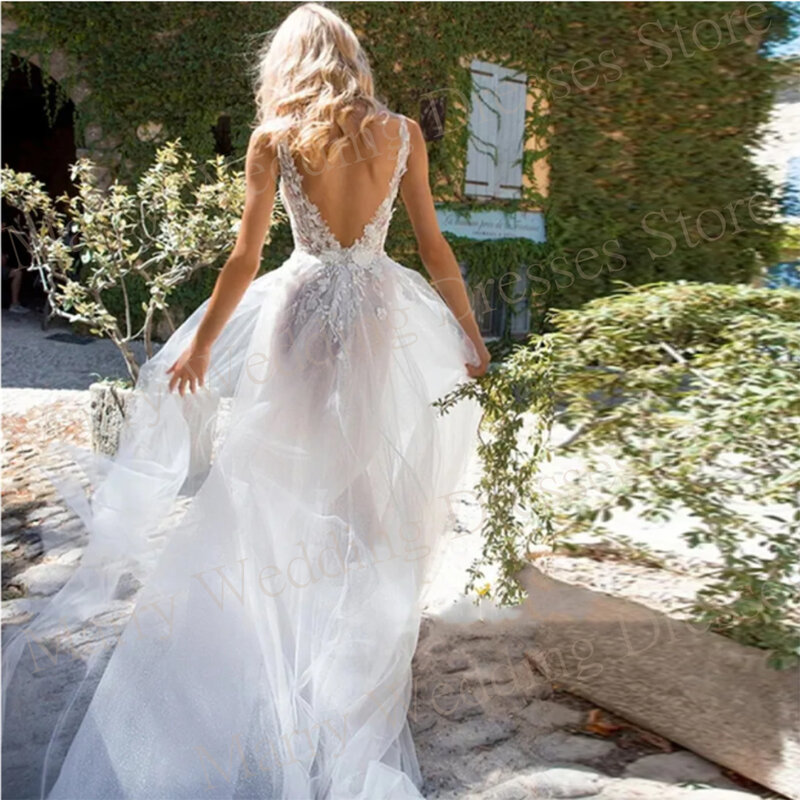Женское ТРАПЕЦИЕВИДНОЕ свадебное платье It's yiiya, белое Тюлевое платье с V-образным вырезом, открытой спиной, без рукавов на лето 2019