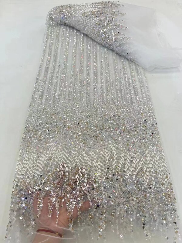 Kain renda mutiara manik-manik buatan tangan Afrika 2024 kain renda Tulle manik-manik berat Prancis untuk gaun pesta pengantin bahan jahit