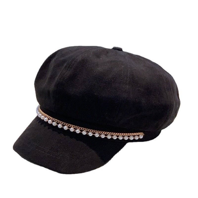Women's Pearl Chain Solid Spring and Autumn Octagonal Hats British Beret Street Fashion Women Head Accessories