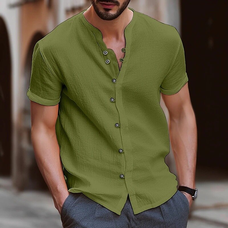 Camisas de manga corta de lino y algodón para hombre, ropa informal de talla grande, cuello alto, Color sólido, verano, gran oferta