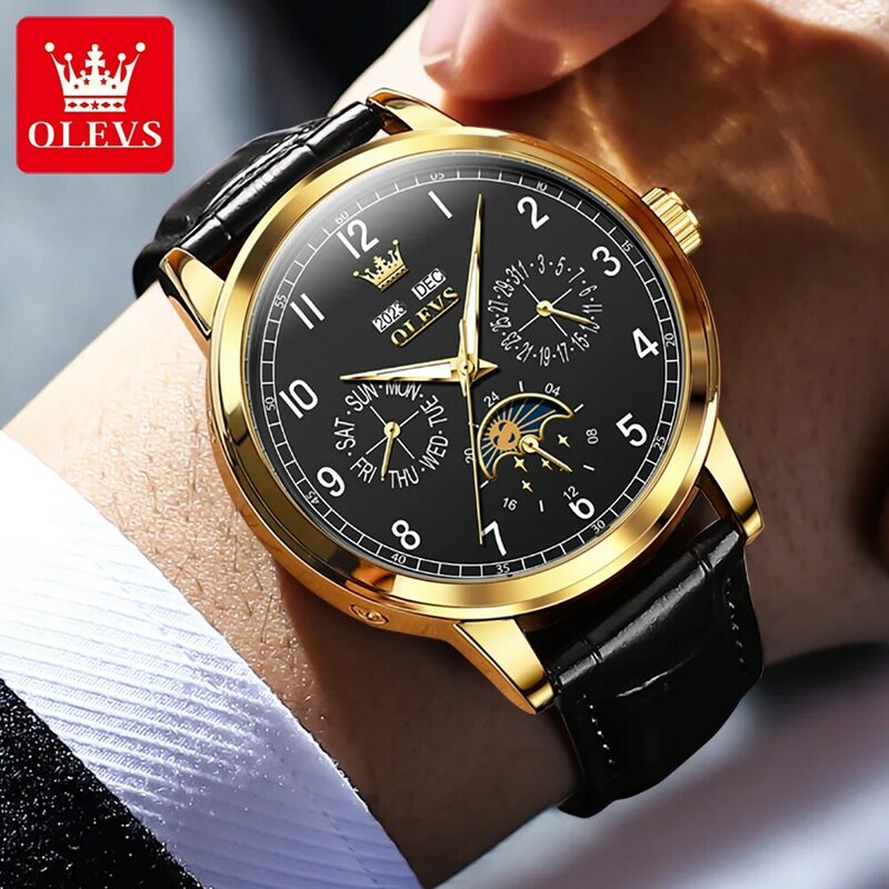 OLEVS Luxury Top Automatic Mechanical Watch for Men Moon Phase Auto Date Week Hand Clock Leather Strap Waterproof Man Watch New