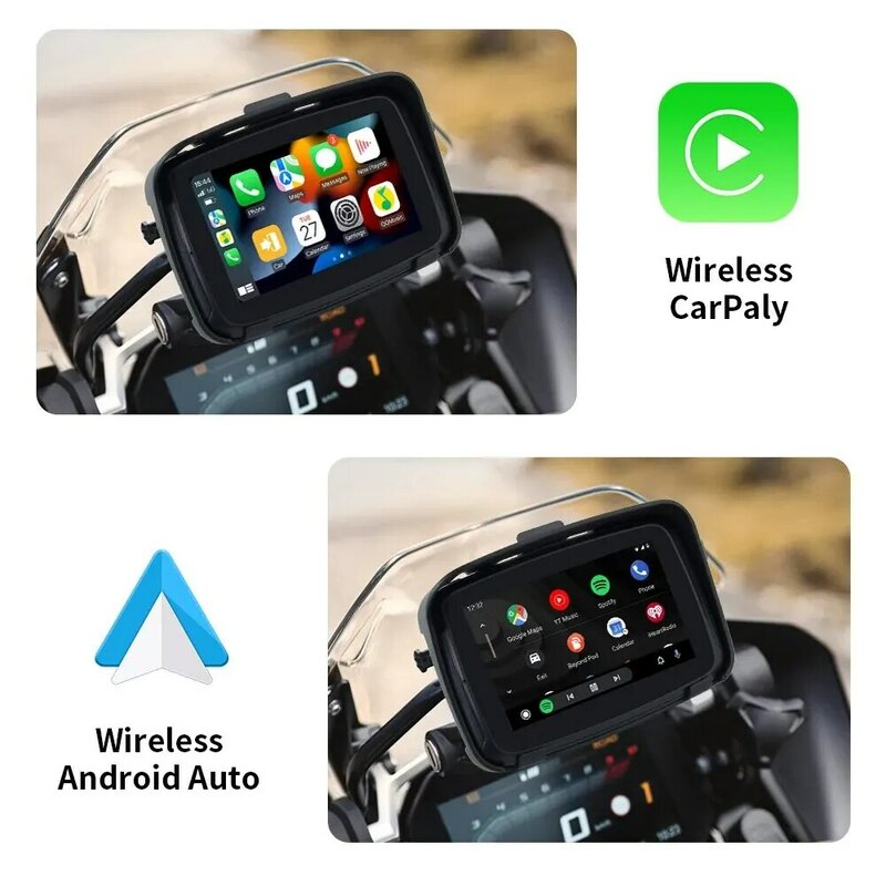 EKIY Apple Carplay nirkabel sepeda motor, layar GPS navigasi portabel otomatis Android, tampilan anti air IPX7 5 inci untuk sepeda motor