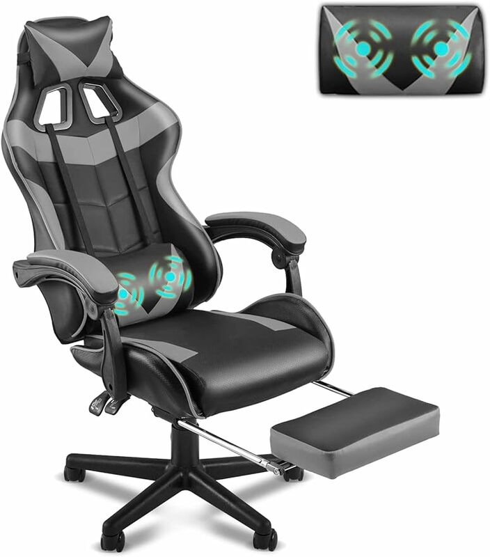 Chaises de jeu ergonomiques avec repose-pieds, chaise de jeu d'ordinateur, oreiller lombaire, repose-sauna réglable, gris