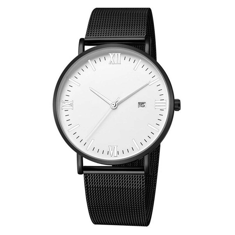 Jam tangan kuarsa untuk pria, arloji Fashion mewah bahan baja tahan karat dengan sabuk jala, jam tangan kalender kuarsa untuk pria