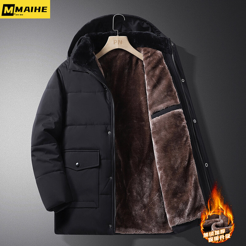 Winter Warm Cotton Jacket With Hood Extra Thick Plush Business Parka Outdoor Casual Cold Resistant And Windproof Men's Clothing