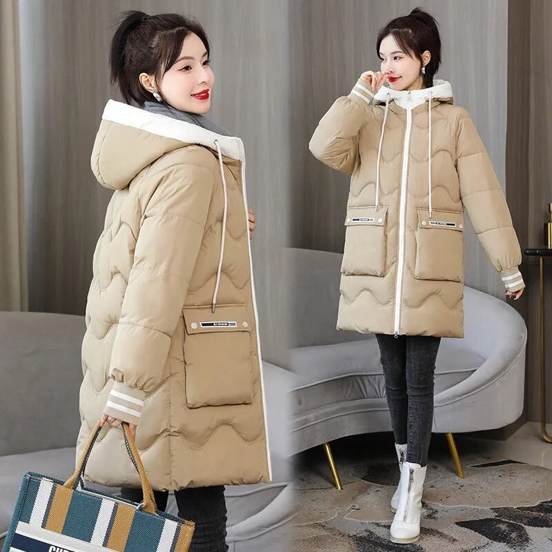 Jaqueta feminina acolchoada de algodão com capuz, casaco solto, outwear à prova de vento, quente e grosso, estilo coreano, novo, inverno, 2023