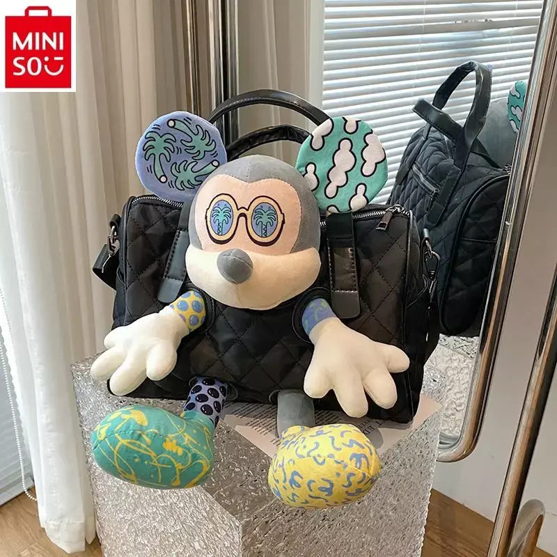 MINISo tas tangan boneka Mickey, tas selempang kapasitas besar, kain naga bordir Lingni, tas tangan mode untuk wanita, Tas Mickey Doll