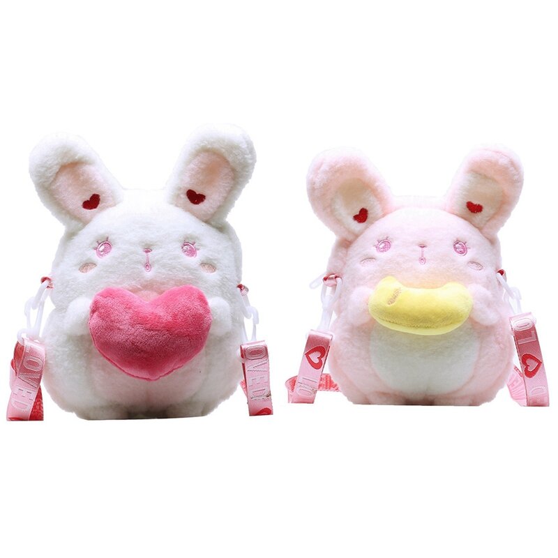 NEW-2X Bag Girl Cute Rabbit Messenger Bag Girl Purse Storage Bag Messenger Shoulder Bag Rabbit Bag Girl Heart White & Pink