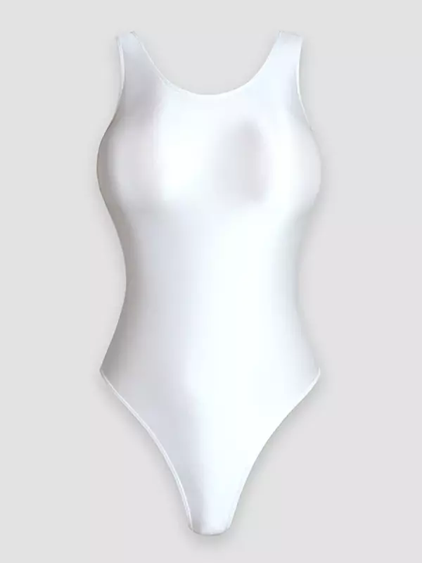 ชุดจั๊มสูทรัดรูปสำหรับผู้หญิงผู้ใหญ่ผ้าไหมมันวาวสีทึบชุดชุดว่ายน้ำลายเสือยิมนาสติกทรงเชอร์พินตัดสูง