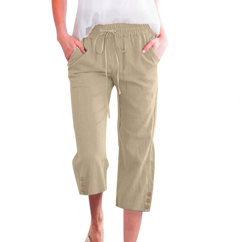 Pantalon court d'été pour femme, taille élastique, poches, boutons, At Fit, décontracté, streetwear