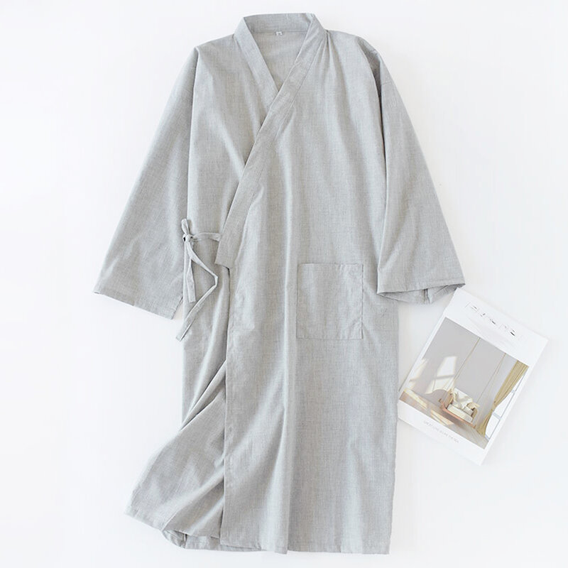 Kimono Yukata pria, baju tidur kasual Kimono Jepang Solid, piyama jubah mandi lengan panjang, jubah rumah katun