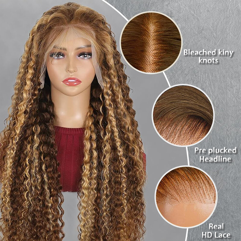 Highlight Lace Front Wig Human Hair Deep Wave 4/27 Brown With Blonde Wigs Pre Plucked 13x4 Ombre Curly Lace Front Wig Human Hair