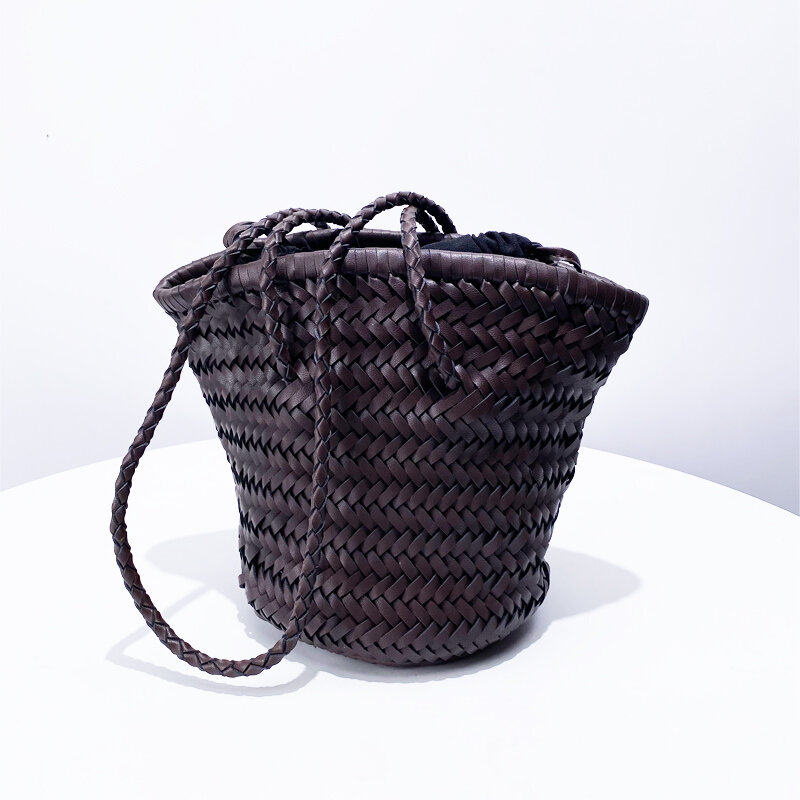 Drawstring Bucket Bag For Women Luxury Designer Handbag Purse 2024 New In Vintage PU Handmade Weave With Inner Pocket Shoulder