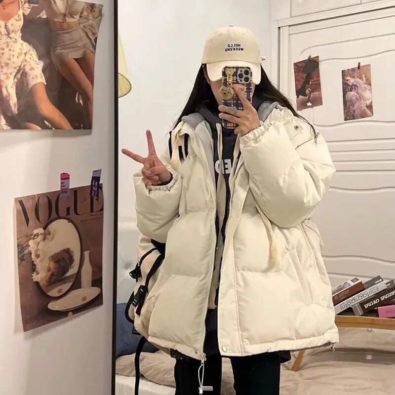 Jaket Parka wanita, Parka berkerudung tebal hangat 2023, ukuran besar gaya Korea longgar bantalan katun