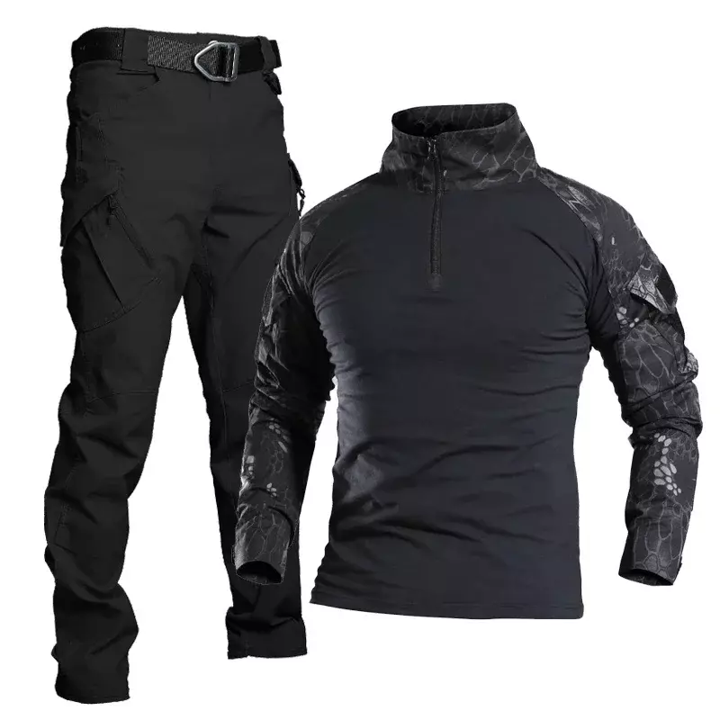 Conjunto de uniformes militares para hombre, traje negro Multicam transpirable de camuflaje, camisa de combate, uniforme táctico de carga, conjunto de caza