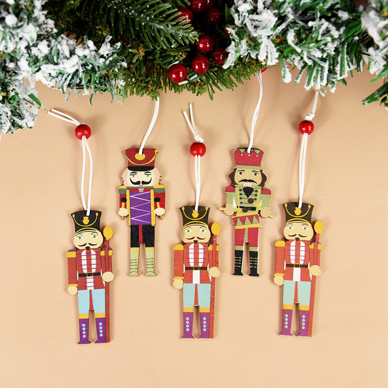 9Pcs Christmas Nutcracker Puppet Wooden Pendants Xmas Tree DIY Craft Hanging Ornaments Christmas Party Home Decoration
