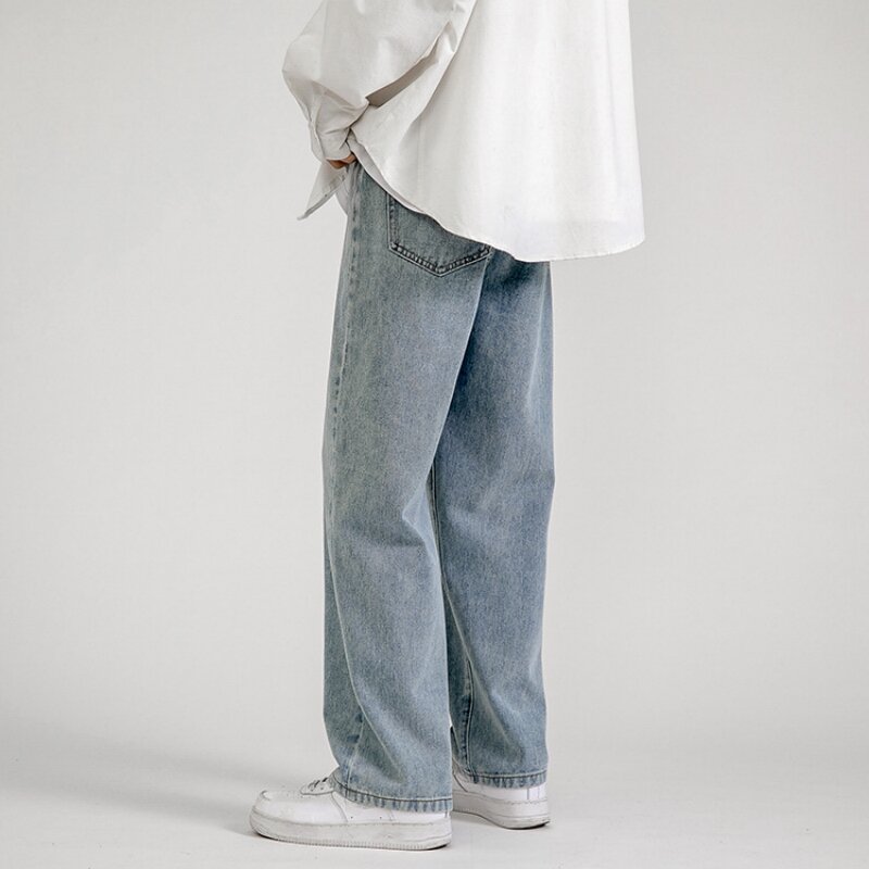 2024 New Korean Fashion Men's Casual Ankle-Length Jeans Classic Man Straight Denim Wide-leg Pants Light Blue Grey Black