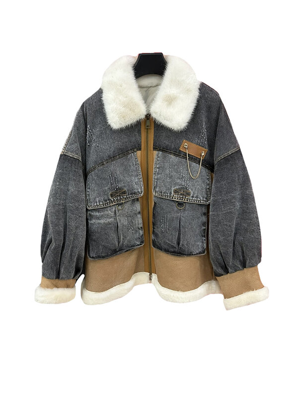 Fur coat lapel short loose version of the collision splicing design warm and comfortable 2024 winter new 0102