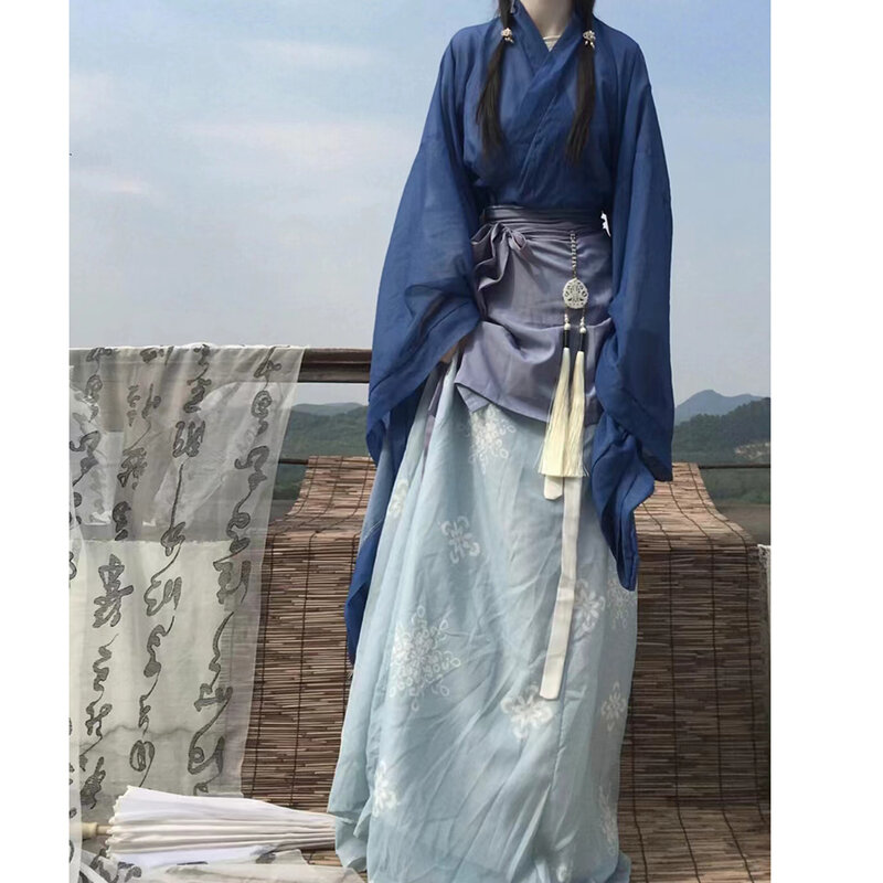 Ensemble de olympiques de cosplay Hanfu pour femmes, costume amélioré, jupe à fleurs en maille imprimée, manteau bleu, nouveau style chinois, Wei Jin Hanfu, 4 pièces