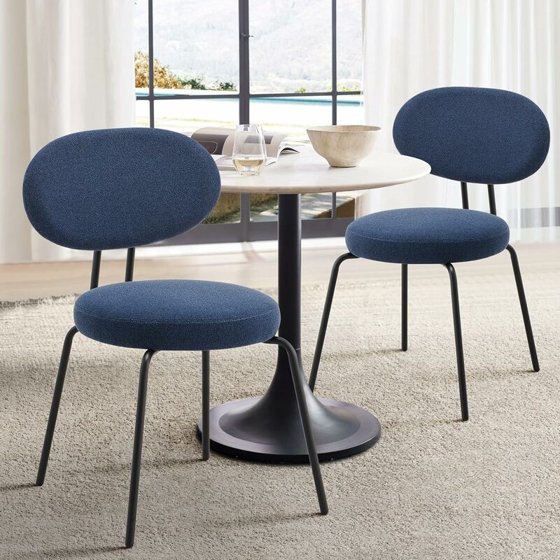 Kursi Makan kain Modern Set 2 kursi dapur ruang makan berlapis kain dengan sandaran melengkung, kursi bulat, biru