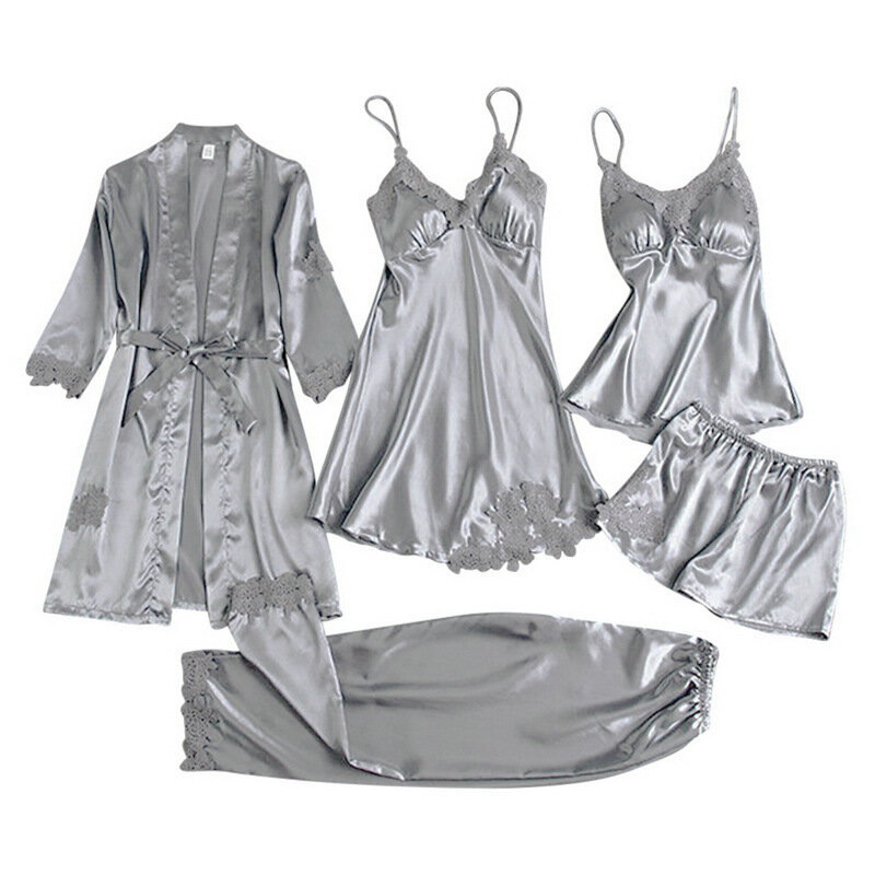TXii Leepwear donna 5 pezzi pigiama Set pigiama in raso Patchwork in pizzo Bril Wedding Nightwear Rayon Home Wear Nighty & Robe Suit
