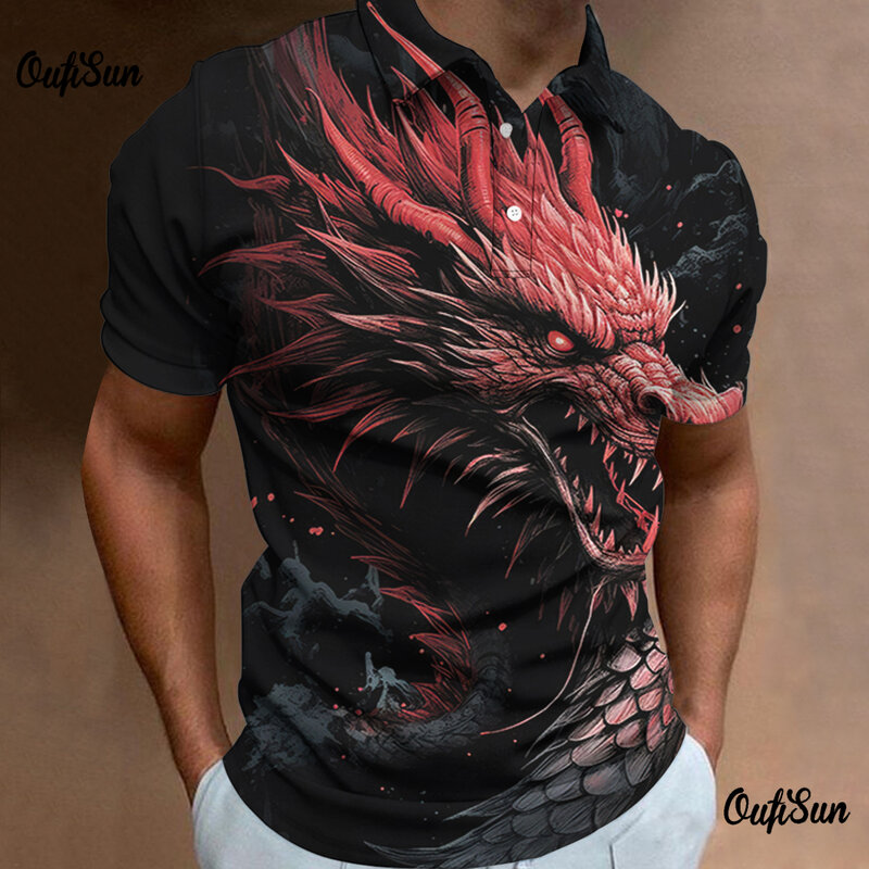 Polo de moda para hombre, Camiseta con estampado 3d de dragón Animal y flores, sudaderas holgadas de gran tamaño de manga corta informales para diario