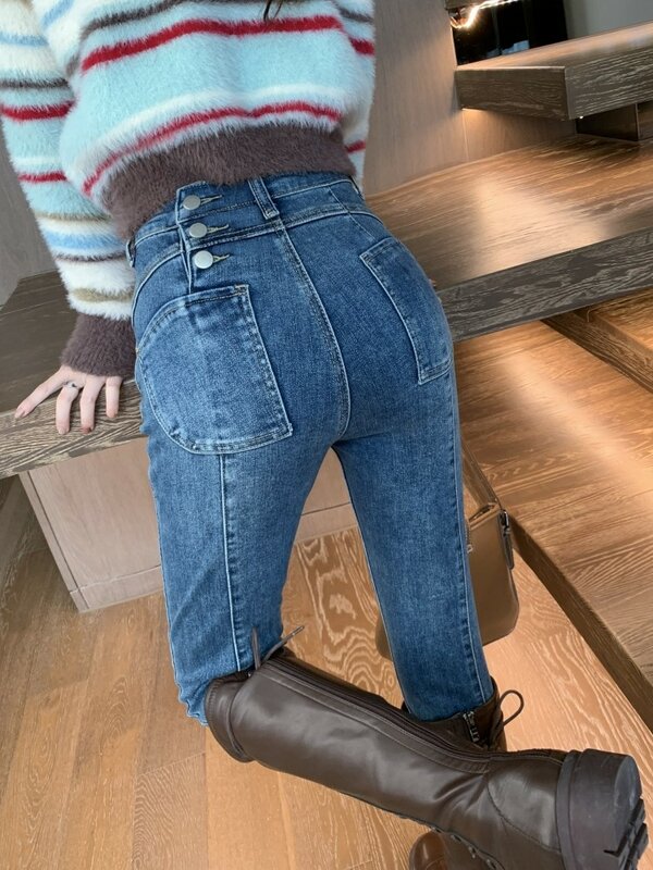 GUUZYUVIZ Jesienno-zimowa chuda małe stopy jeansy ze streczem kobiet wszechstronna dopasowana elastyczne spodnie ołówkowe