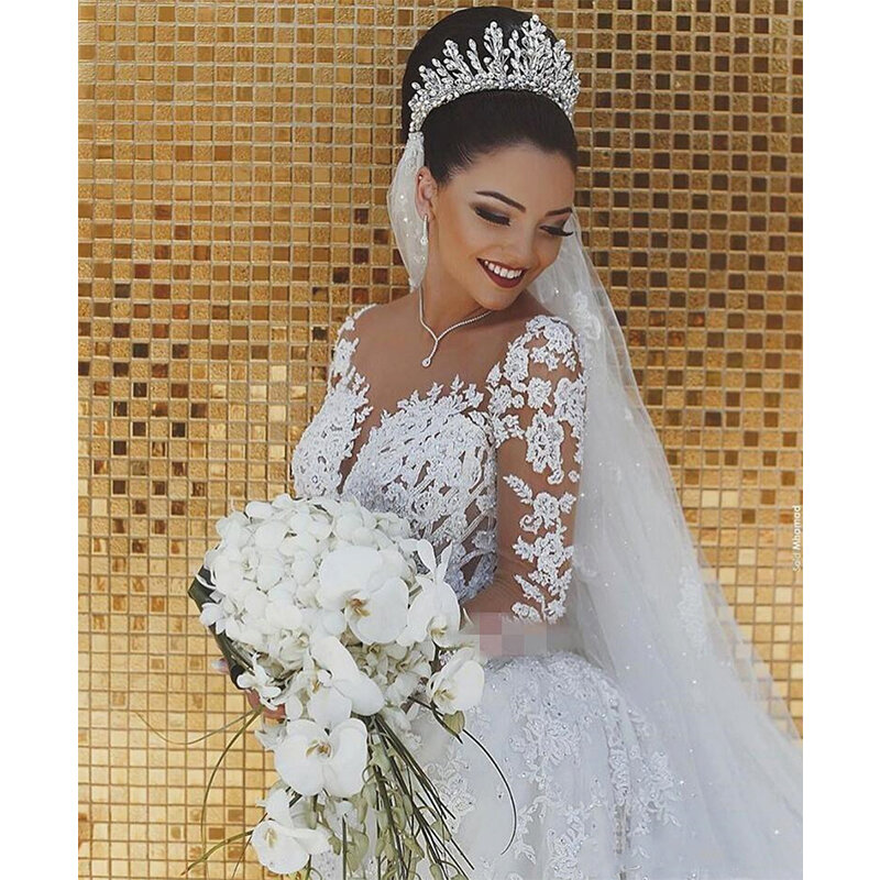 Muslim Shiny Lace Bridal Gowns Mermaid Luxury Women's Fashion Illusion Decal Long Sleeve Wedding Dress 2023 Vestidos De Mujer