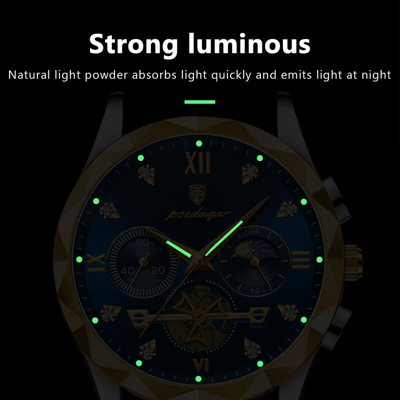 POEDAGAR 남성용 방수 야광 크로노그래프 손목시계, 스테인리스 스틸 쿼츠 시계, 럭셔리 남자 시계