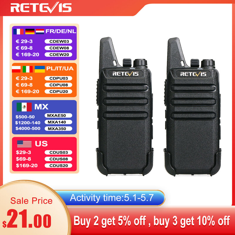 Retevis-mini walkie talkie portátil, pmr 446, rádio em dois sentidos, ptt, rt622, para a caça, café rt22, 2 pcs